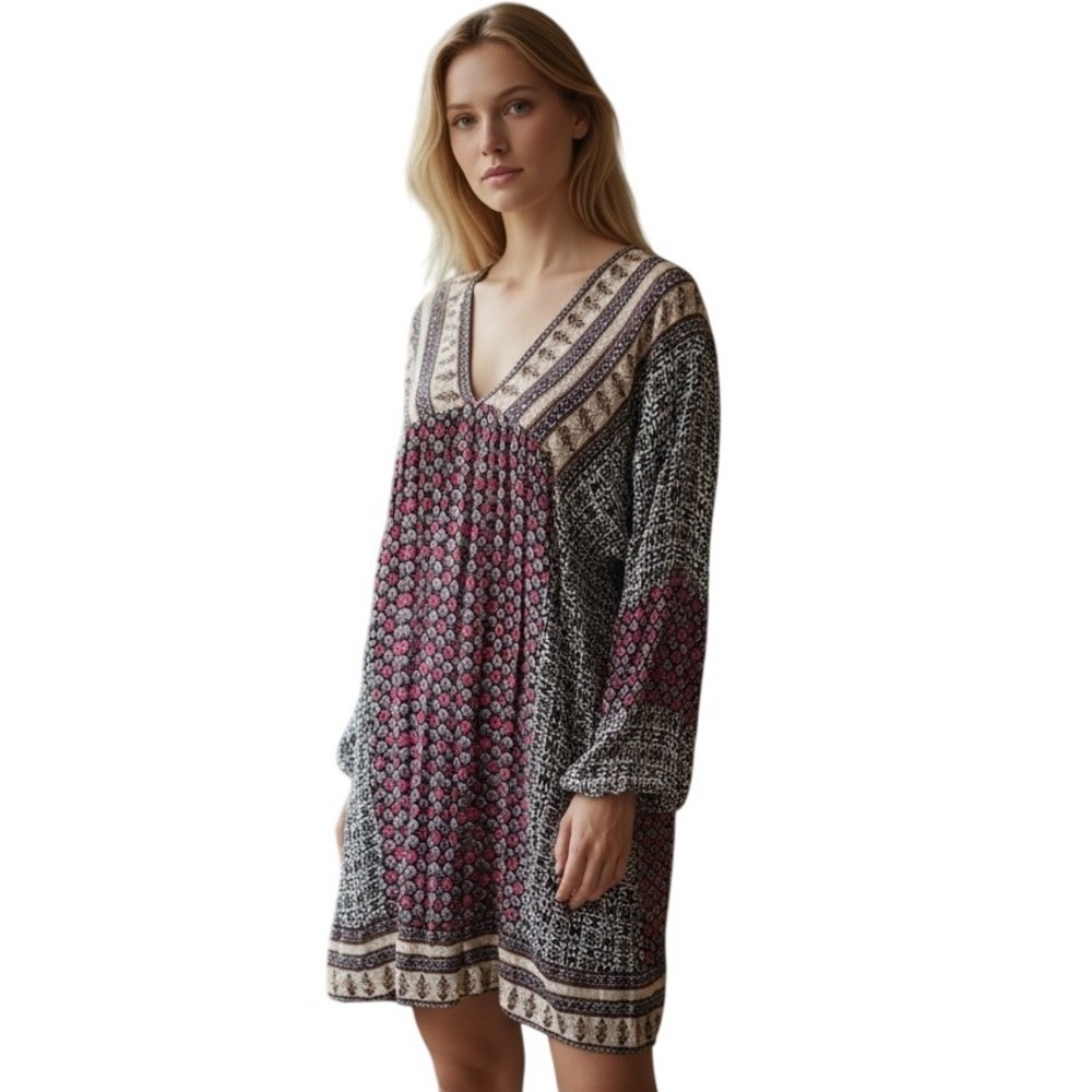 Umgee Patchwork Tunic Top Womens Sz 2XL Boho Navy Pink‎ V Neck Tie Back